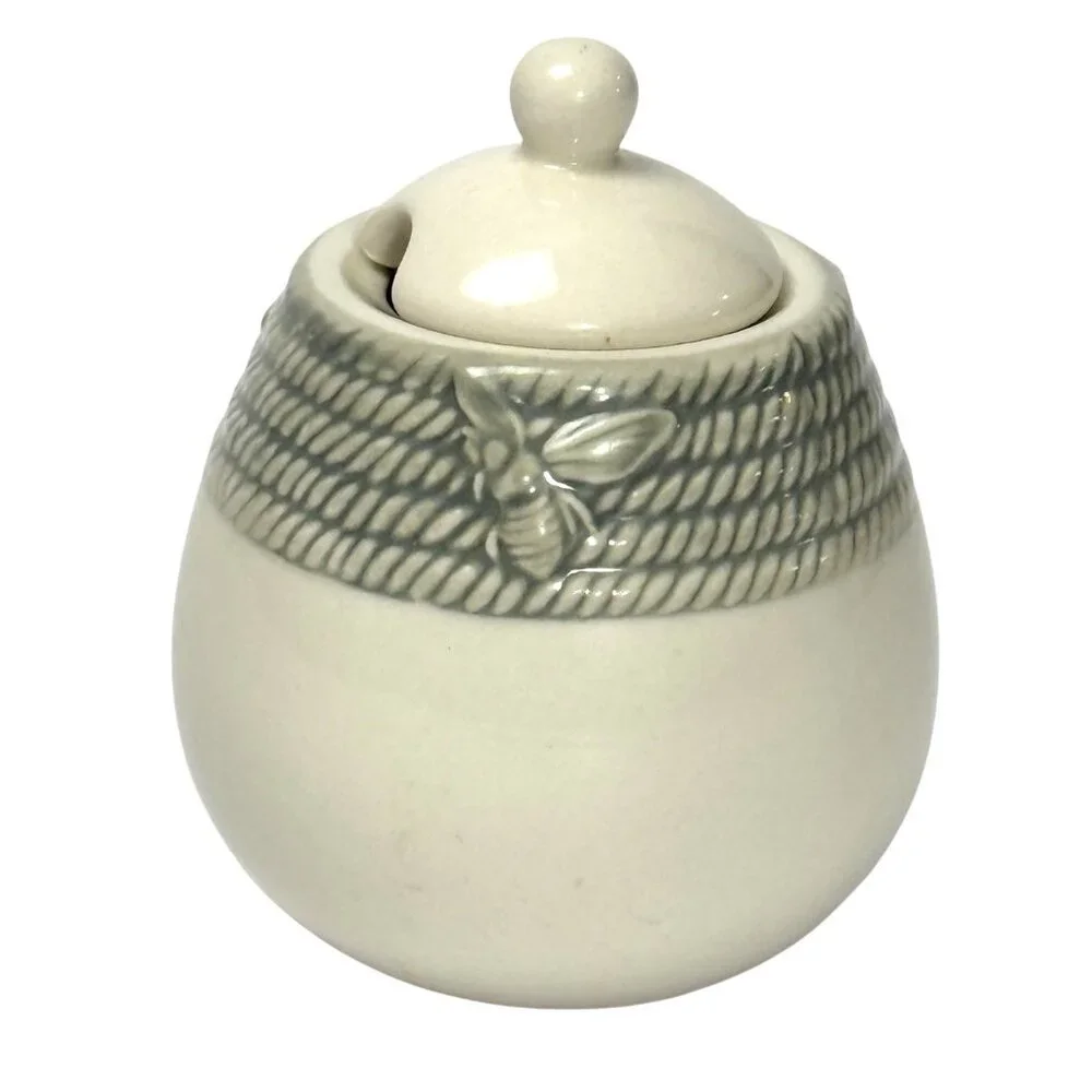 William Sonoma Honey Bee Sugar Bowl Green‎ Beige Honeybee Retired